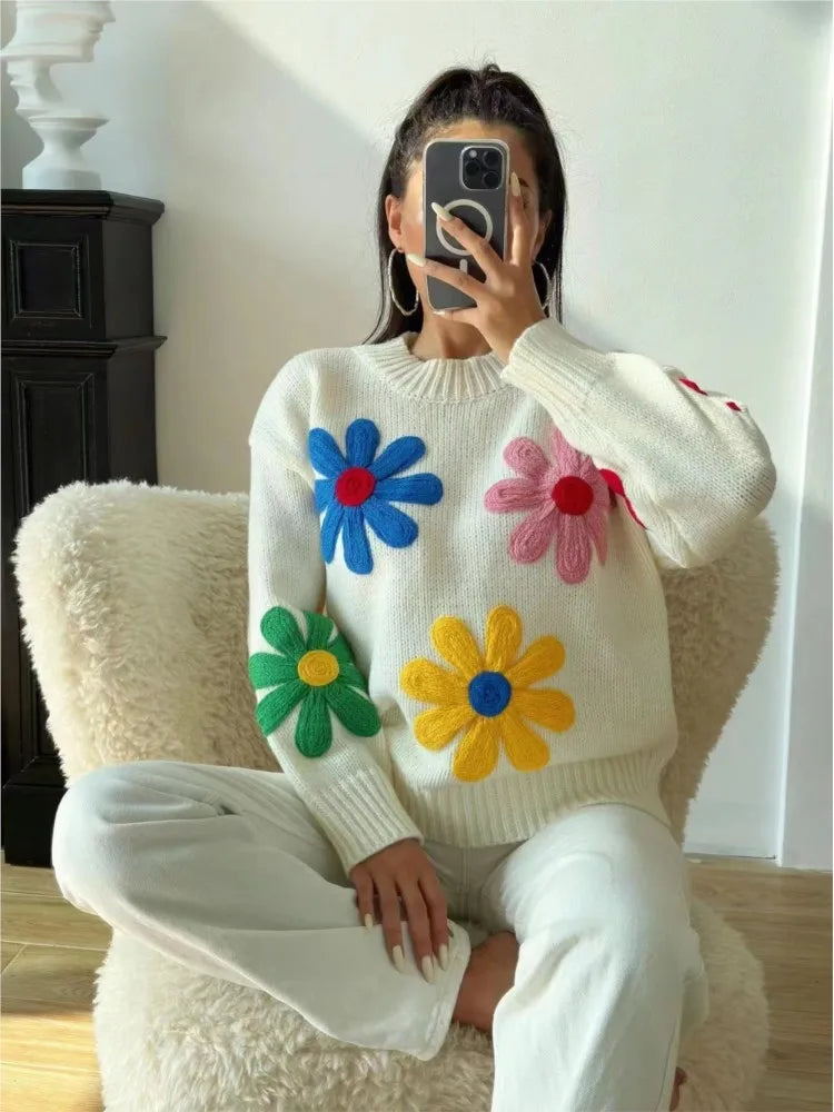 Vintage Flower Embroidery Sweater Women Loose Long Sleeve O-neck Knitted Pullover Autumn Female Thick Casual Streetwear