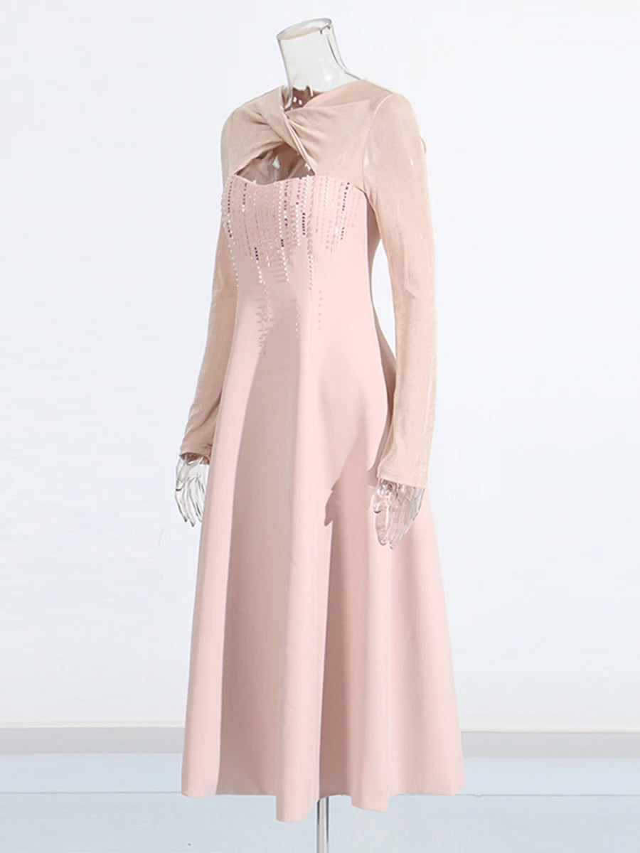 TWOTWINSTYLE Solid Slimming Bead Elegant Dresses for Women Round Neck Long Sleeve Hollow Out Temperament Dress Female Clothing