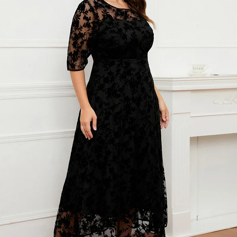 Women A-Line Dress Plus Size Lace Flocking Mesh Velvet Double Layer Tunic Embroidery Elegant Half Sleeve Spring Maxi Dress