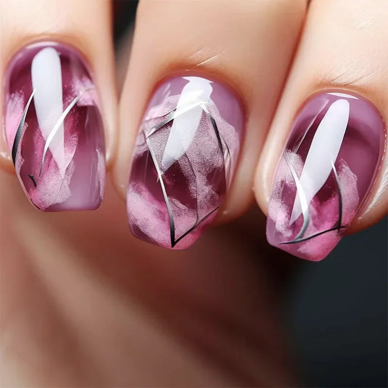 24Pcs Fashion Fake Nails Press on Short Square Head False Nail Art Black Starlit Sky Design Artifical Full Cover Nail Tips