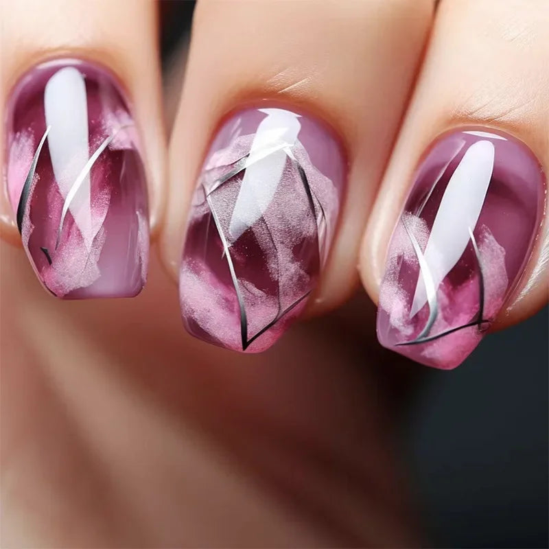 24Pcs Fashion Fake Nails Press on Short Square Head False Nail Art Black Starlit Sky Design Artifical Full Cover Nail Tips
