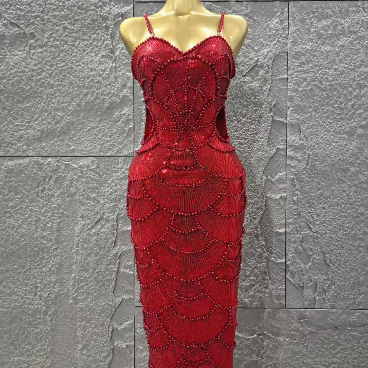 Red Color Women Sexy Sleeveless Pearl Beading Bodycon Mid-calf Dress Waist Hollow Out Celebrate Fashion Birthday Party Dress