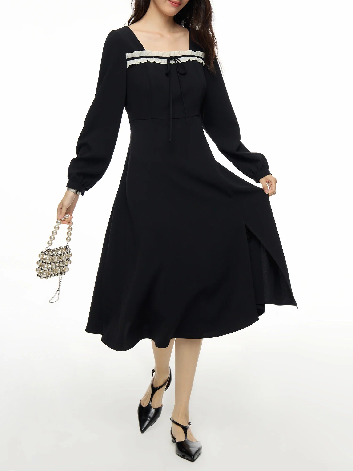 DUSHU Women's Autumn Outfit New Style Sweet French Square Collar Dress Slimming Versatile Women Dress Casual 24DS83330 black