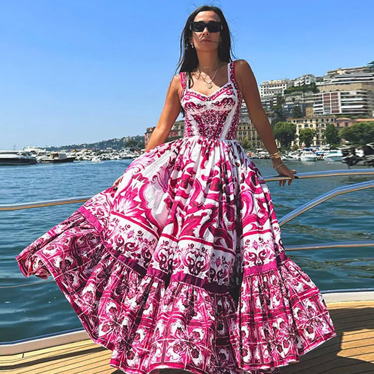 Women Sexy Printed Suspender Dress Fashion V-neck Backless High Waist Large Swing Midi Vestido Summer Female Chic Vacation Robes