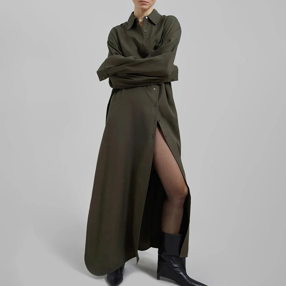 Solid Minimalist Split Dresses For Women Lapel Long Sleeve High Waist Patchwork Single Breasted Loose Dress Female