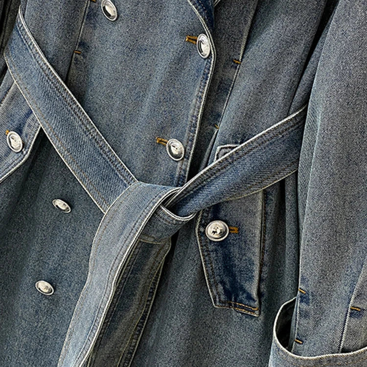 DEAT Fashion Women's Denim Jackets Loose Big Double Layer Collar Single Breasted Long Sleeve Sashes Coat Winter New 17A4709