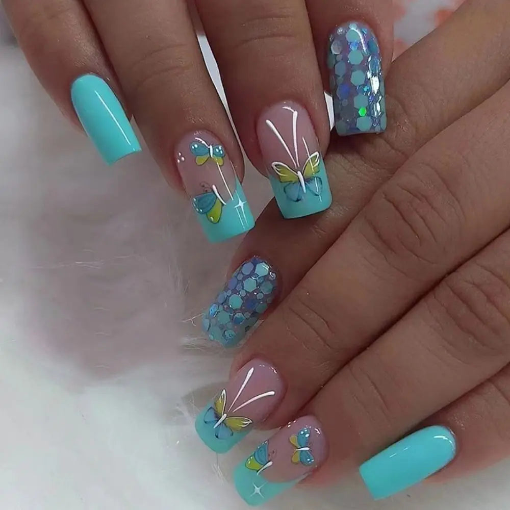 24 peças unhas postiças curtas redondas azul-francês brilhante pérola branco ondulado amor coração cobertura total destacável pontas de pressão