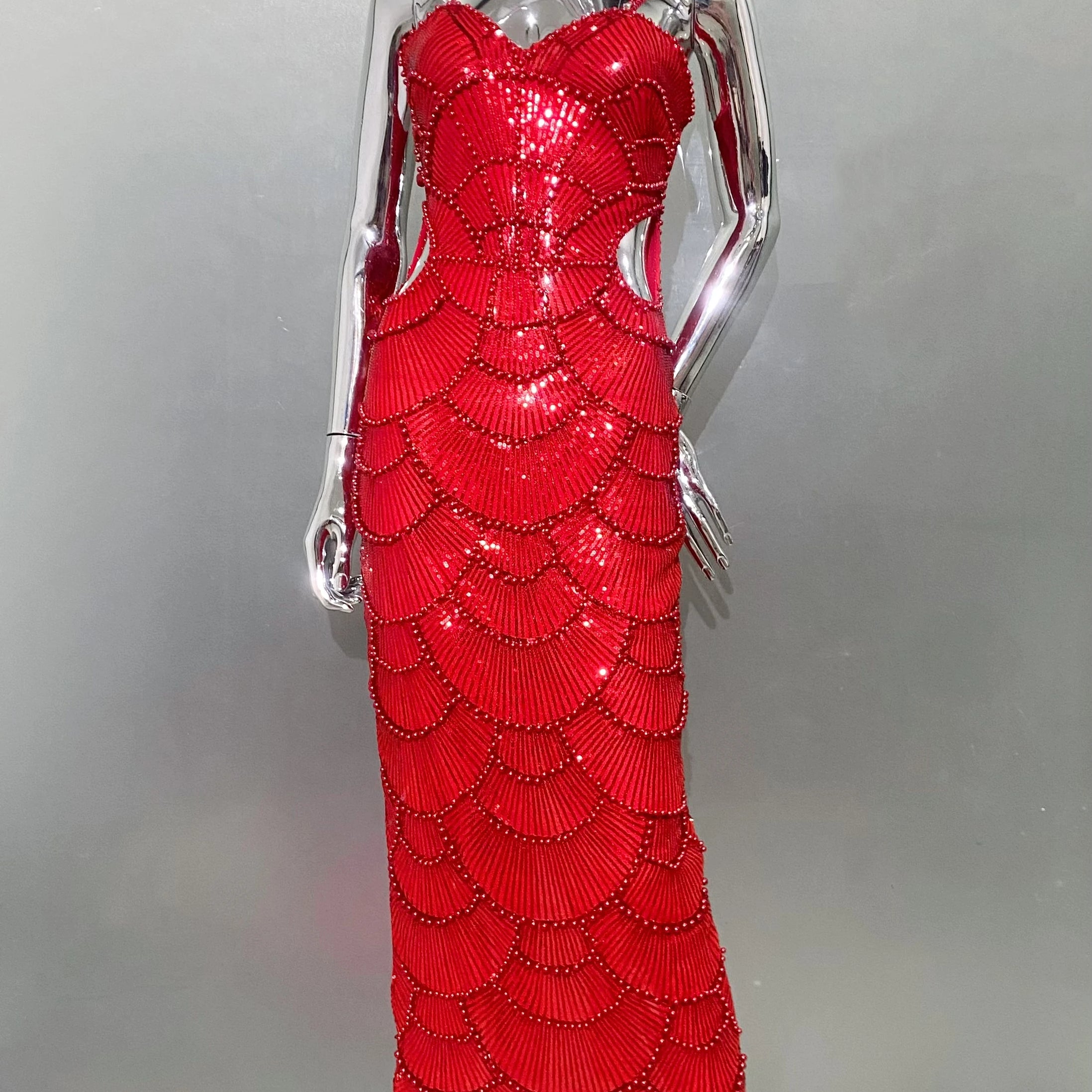 Red Color Women Sexy Strap Shinning Beading Sequins Bodycon Long Dress Celebrate Evening Party Cocktail Dress Wholesale