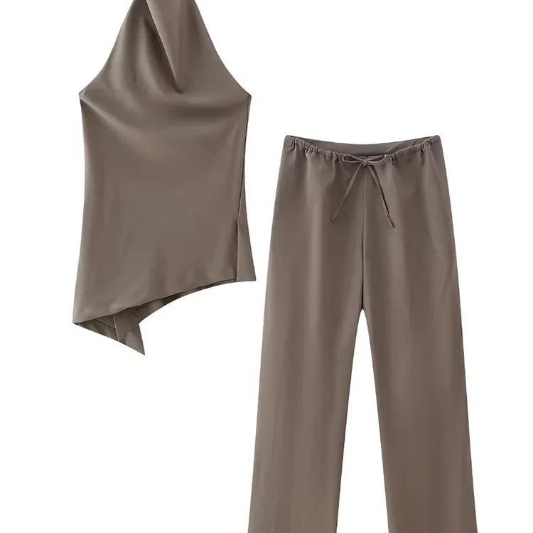 Women Fashion Two Piece Set Brown Pleated Halter Neck Tops & Straight Pants Vintage Female Chic Lady Pants Suit