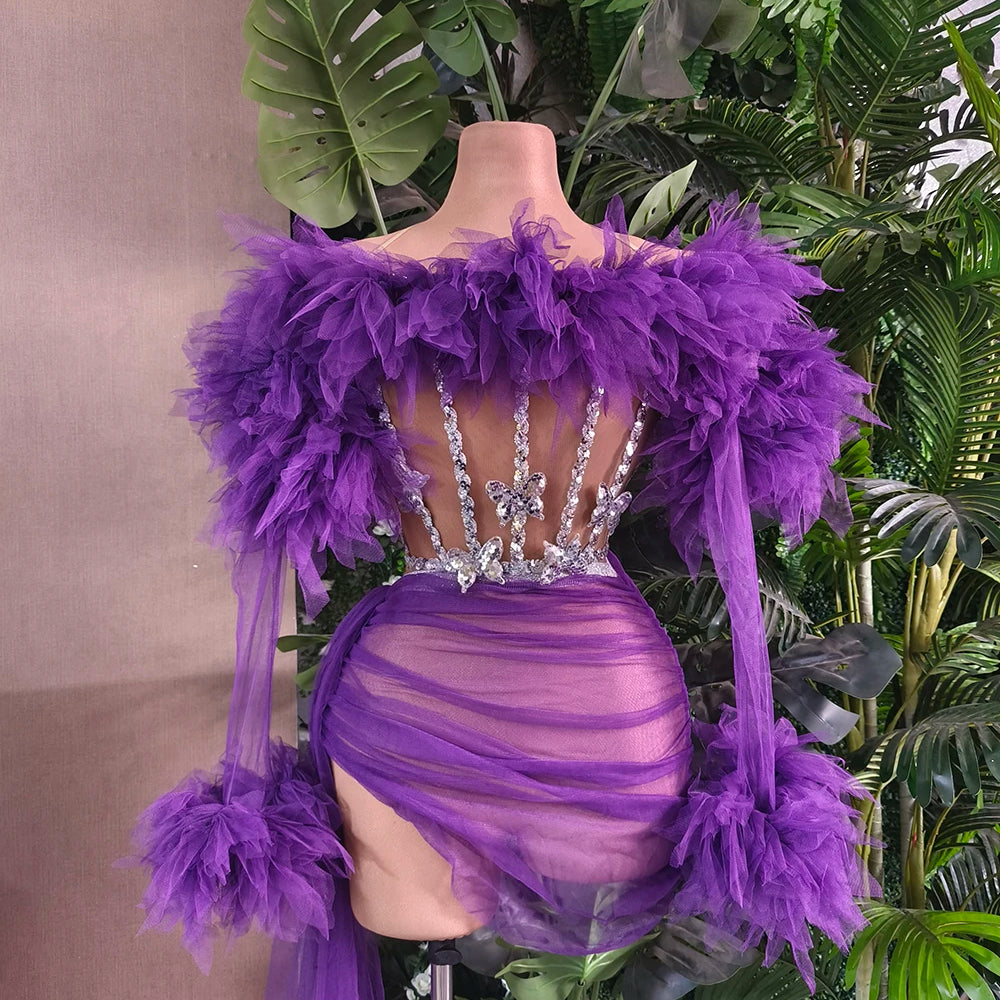 White Purple Women Sexy Mesh Ruffles 2 Pieces Bodycon Mini Dress See Through Celebrate Nightclub Party Bar Singer Stage Wear