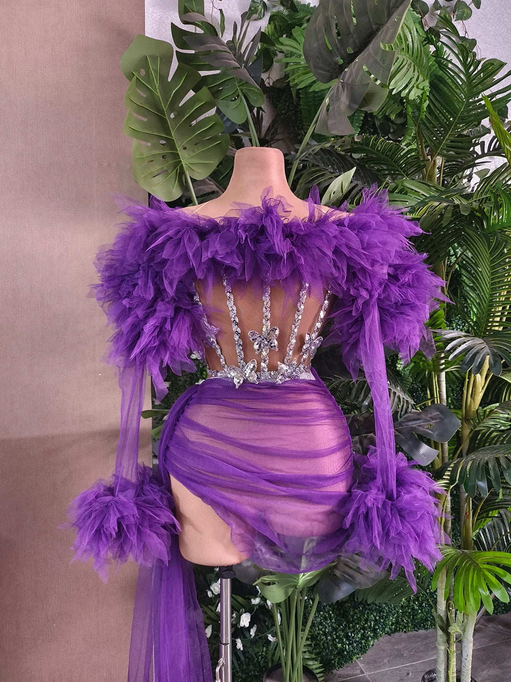 White Purple Women Sexy Mesh Ruffles 2 Pieces Bodycon Mini Dress See Through Celebrate Nightclub Party Bar Singer Stage Wear