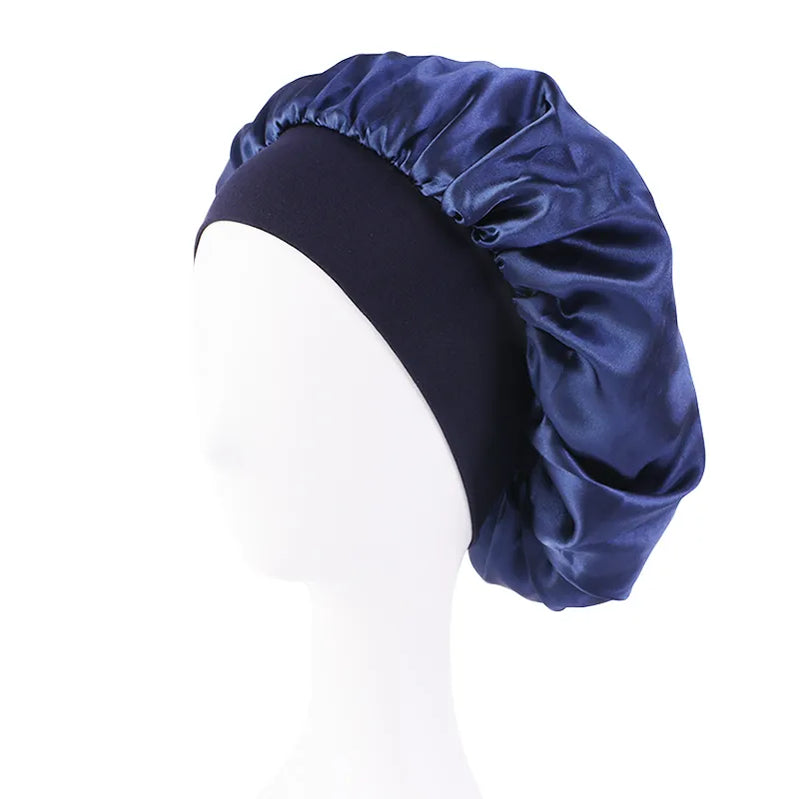 Women's Satin Solid Wide-brimmed Sleeping Hat Unisex Head Wrap Elastic Band Cap Hair Care Bonnet Night Hat bonnet de nuit Navy Blue