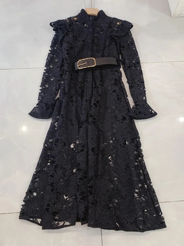 LGRQ Elegant High Quality Lace Embroidery Pattern Design Women's Dresses Evening Belt New Hollow Out Luxury Fashion 19F1371