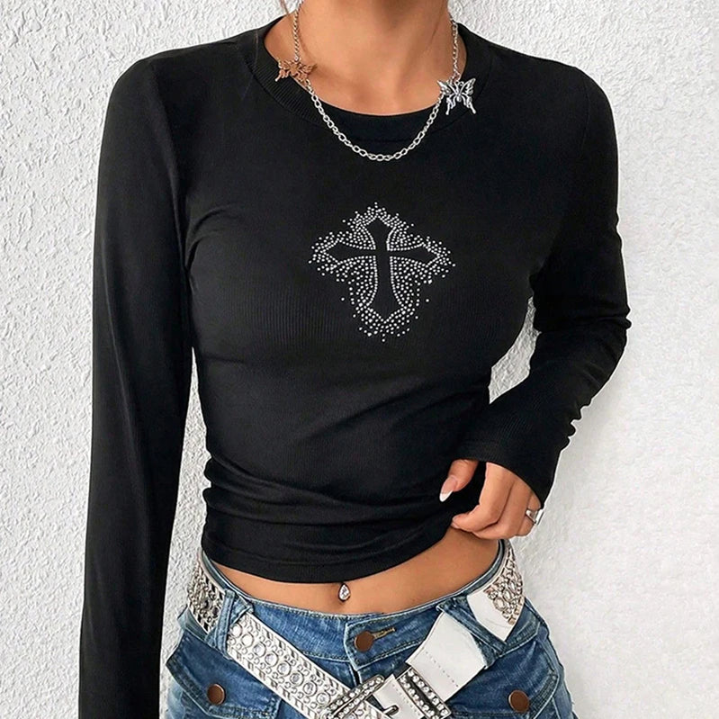 Goth Dark Rhinestone Mall Gothic Basic T-shirts Cyber Y2k Punk Long Sleeve Women Crop Tops Grunge Cross Skinny Fashion Black Tee black