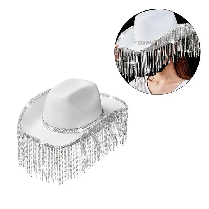 Rhinestones Cowgirl Hats Glitter Rave Cow Girl Hat with Rhinestones Fringe Adult Size Cowboy Hat for Party 3 Color