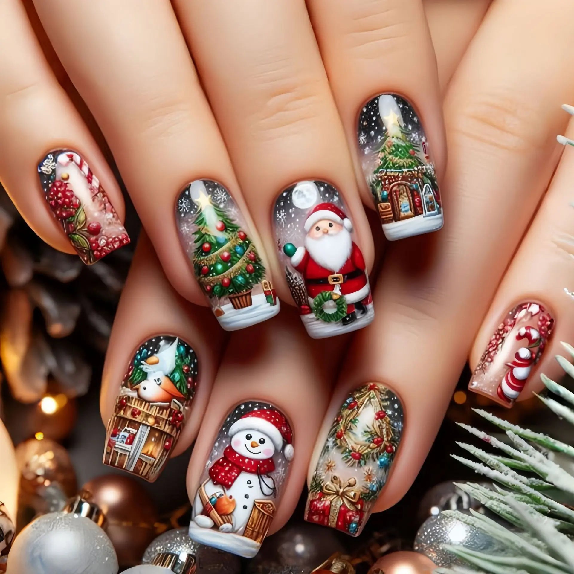 24pcs Short Ballet Fake Nails Art Wearable Christmas Snowman Blue Square Press on Nails Tips Snowflake Design False Nail Sets