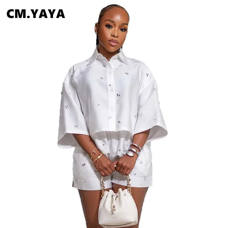 CM.YAYA Fashion Beading Women's Set 3/4 Sleeve Shirt Tops and Shorts Sets 2025 Summer Street Two 2 Piece Sets Outfits Tracksuit