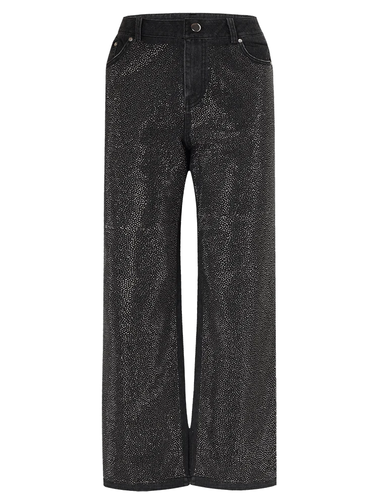 Fashion Trendy Diamond Design Loose Black Relaxation of Tall Waist Wide Legged Pants Autumn/Winter Women's Jeans black