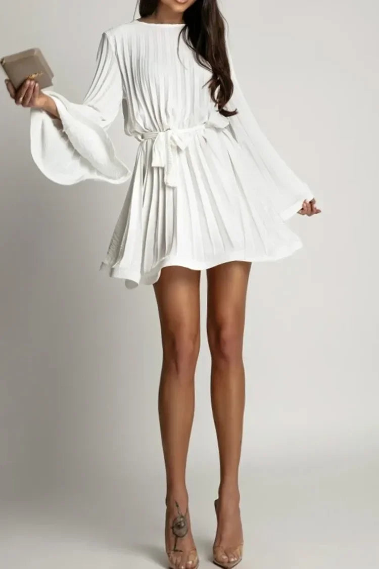 08 New Spring Summer Elegant Pleated Dress Women Fashion Solid Round Neck Flared Sleeve Lace-up Pleated Mini Dress Women White