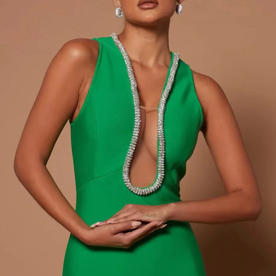 Factory Wholesale Women's Multi-Color V-Neck Diamond Sexy Boutique Celebrity Cocktail Party Bandage Long Dress