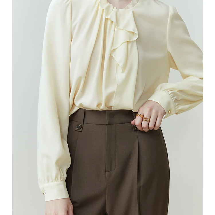 French Long-sleeved Vintage Shirt for Women Spring Summer Niche Style Wood Ear Design Commuter Solid Shirt Office Lady