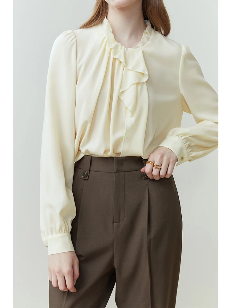 French Long-sleeved Vintage Shirt for Women Spring Summer Niche Style Wood Ear Design Commuter Solid Shirt Office Lady