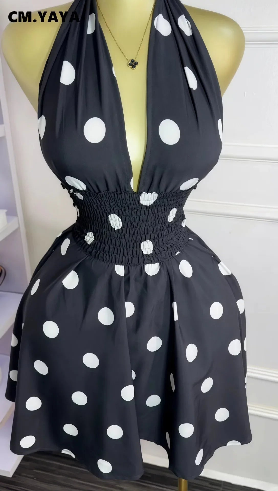 CM.YAYA Women Dot Printed Sleeveless Halter V-neck Big Swing A-line Mini Dress 2025 Summer Vacation Sexy Party Evening Dresses