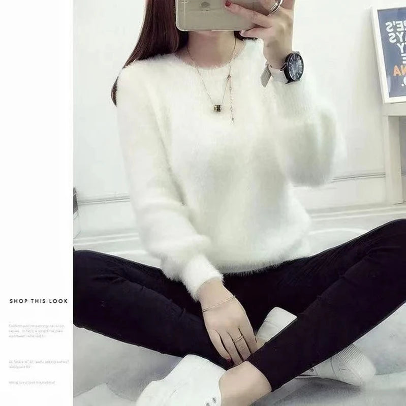 Winter Imitate Mink Wool Hot Fleecing Female Casual Sweater O-neck Long Puff Pink Solid Women Knitted Tops Elastic Pullovers White 1 One Size