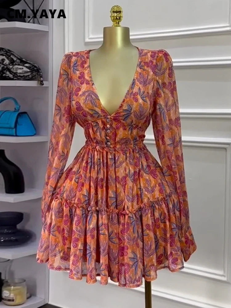 CM.YAYA Women V-neck Long Sleeve Pleated Mini Dress Sweet Elegant Floral Print Sexy Birthday Beach Night Party Vestidos Dresses