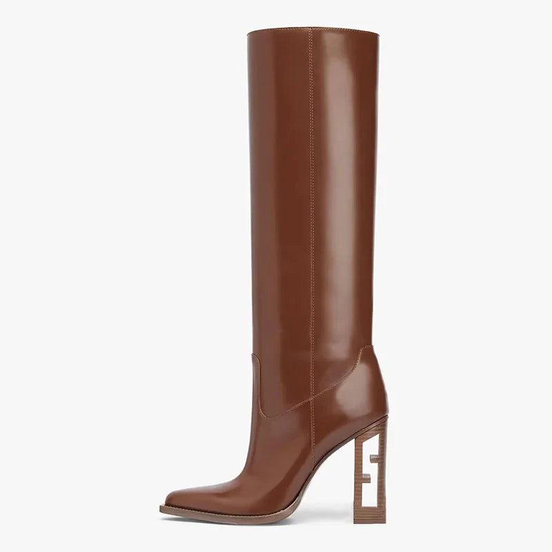 Arden Furtado Woman's leather Knee high boots hollow out Chunky heels Riding boots fashion knee high Brown tan boots for women Brown