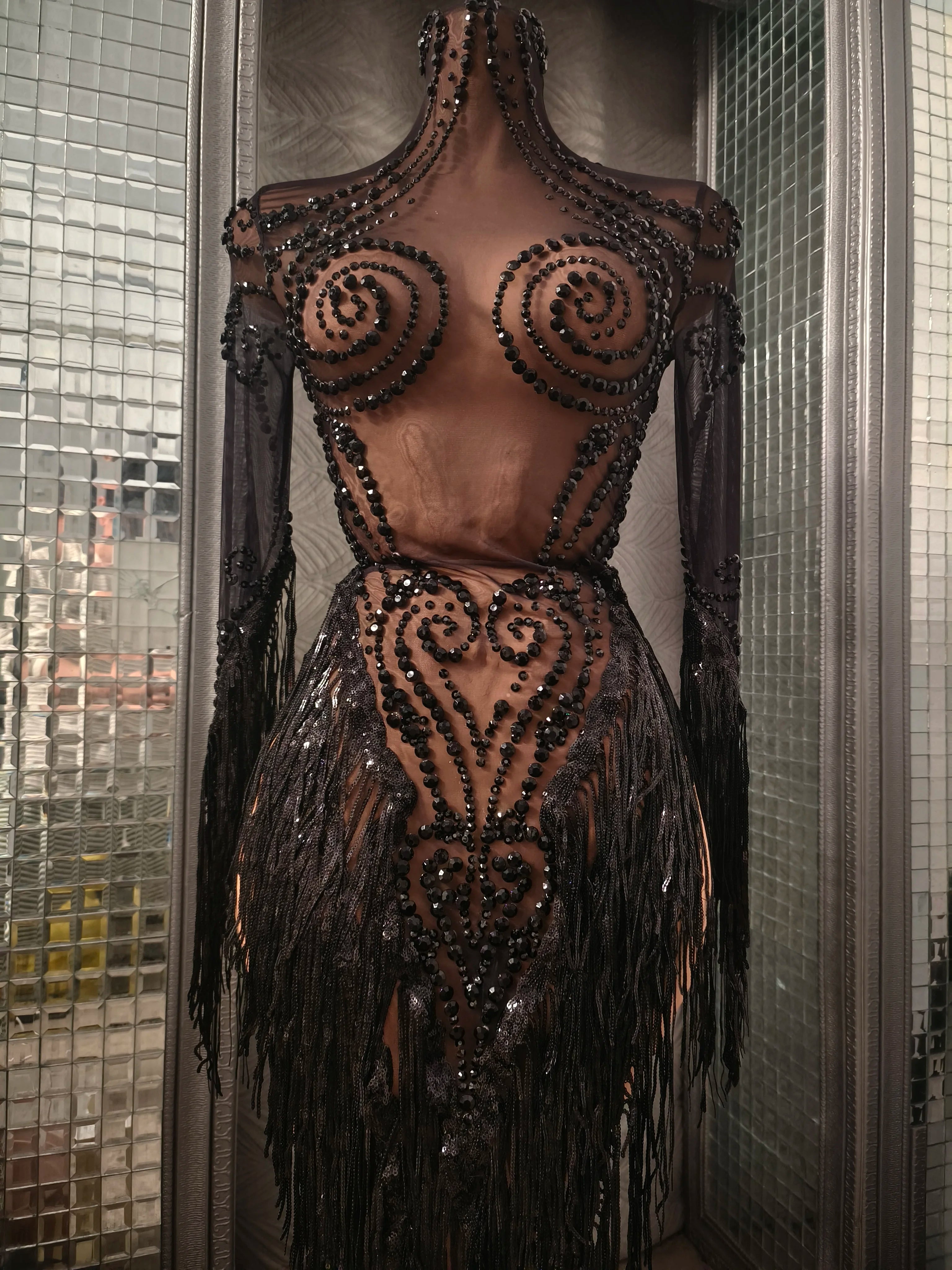 Women Sexy Mesh Silver Black Crystal Stretchy Night Club See Through Singer Dancer Tassel Stage Costume Mini Party Dress