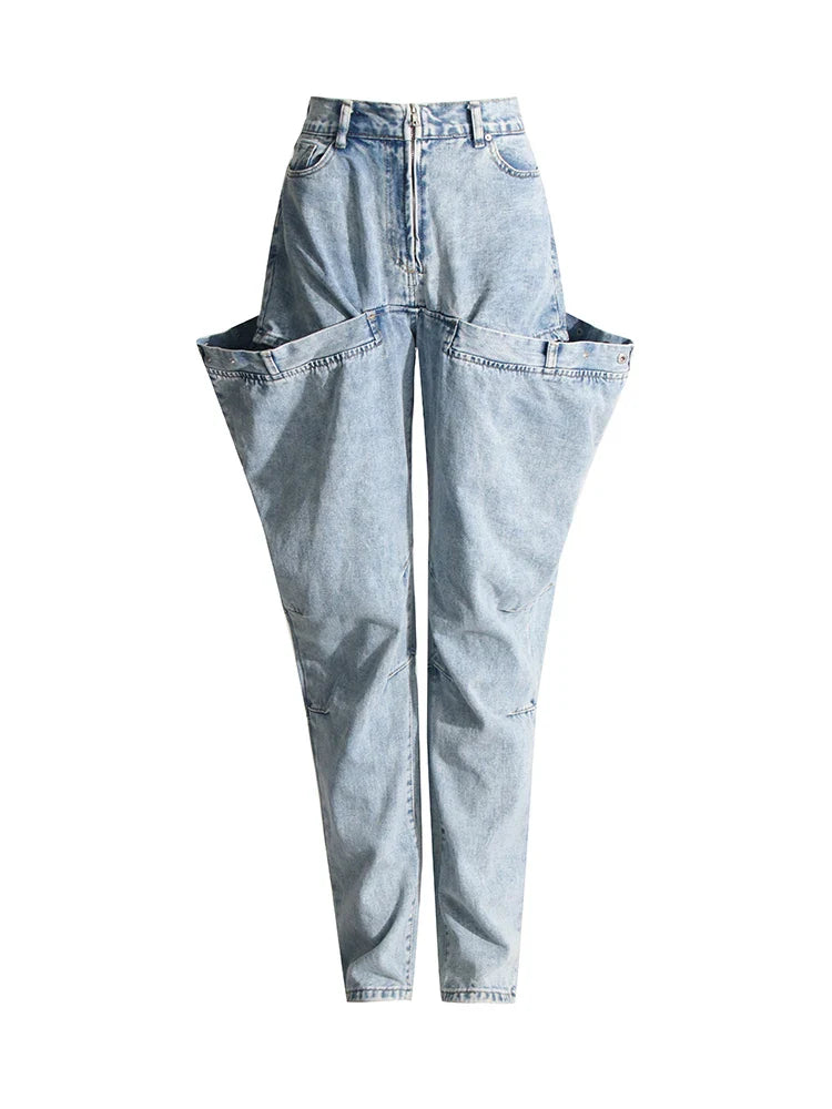 CHICEVER Minimalist Loose Denim Trouser For Women High Waist Patchwork Pockets Irregular Casual Solid Pant Female Summer Clothes Blue