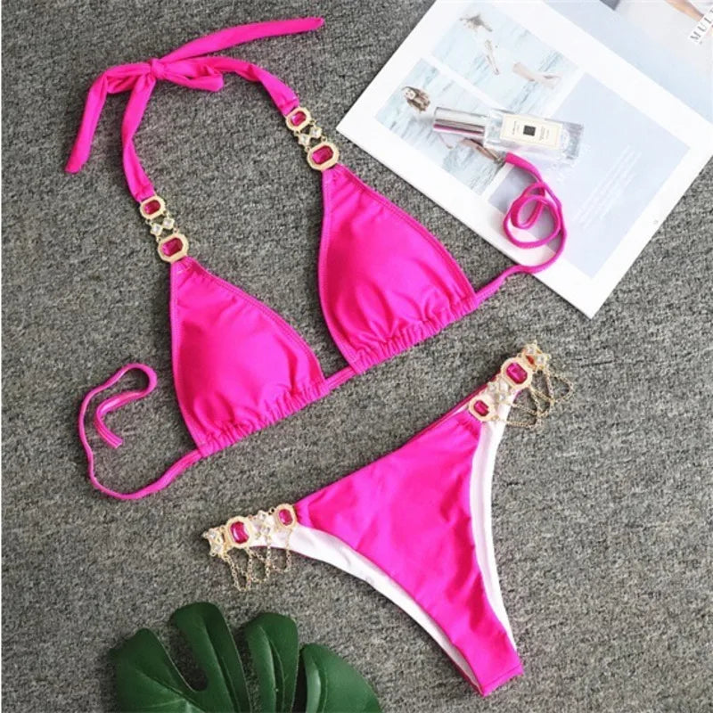 Black Sexy Bikinis Swimsuit With Rhinestones Women's Swimwear Female Push Up Bikini Beach Swim Wear Bathing Suits Pool Bather A23081401E