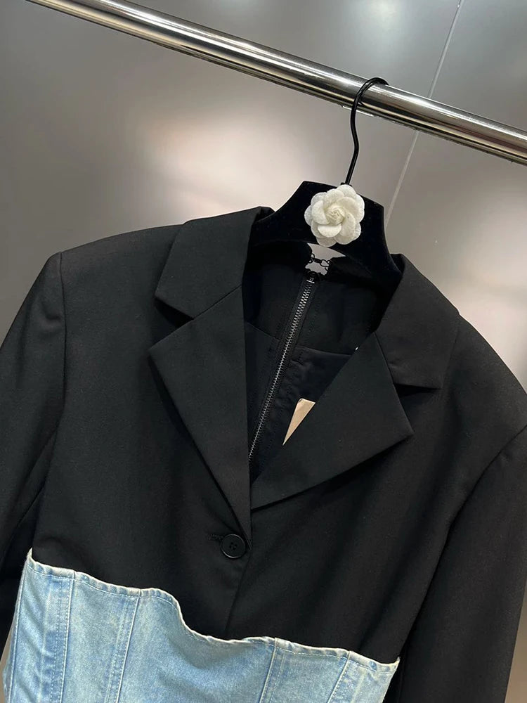 Color Patchwork Belt Casual Blazer For Women Notched Collar Long Sleeve Tunic Temperament Blazers Female Fashion Style