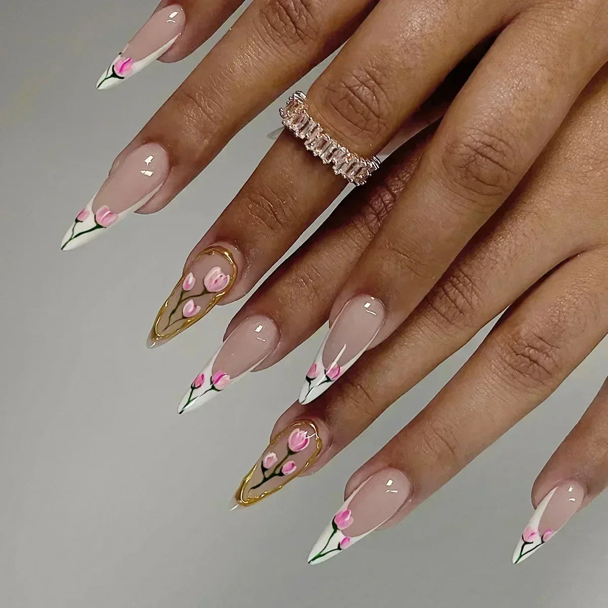 24Pcs French False Nails With Purple Edge  Almond Bow Flower Design Detachable Acrylic Fake Nails Long Stiletto Press On Nails