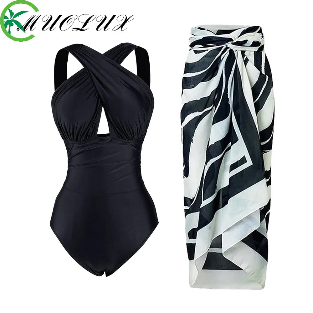 MUOLUX Women Swimsuit Female Vintage One Piece Swimwear Bikini Set Holiday Beach Solid Dress Bathing Suit Summer Plus Size a set 1