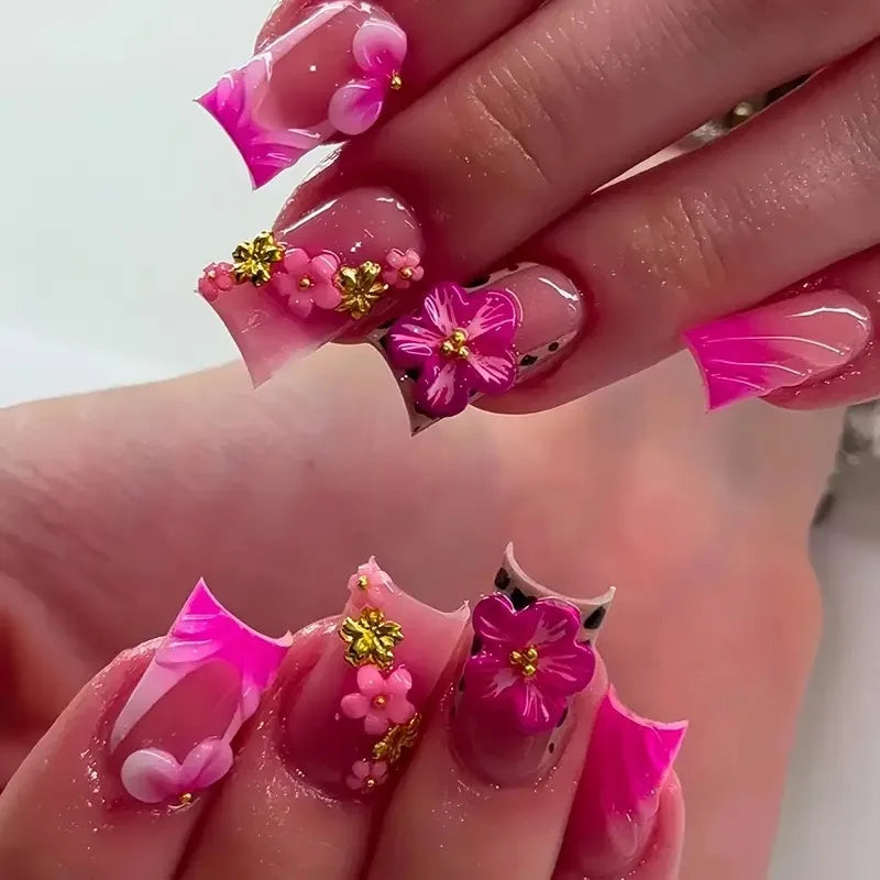 24pcs Pink False Nail Sets Flower Rhinestone Design French Mid-length Ballet Fake Nails Press on Leopard Print Square Manicure