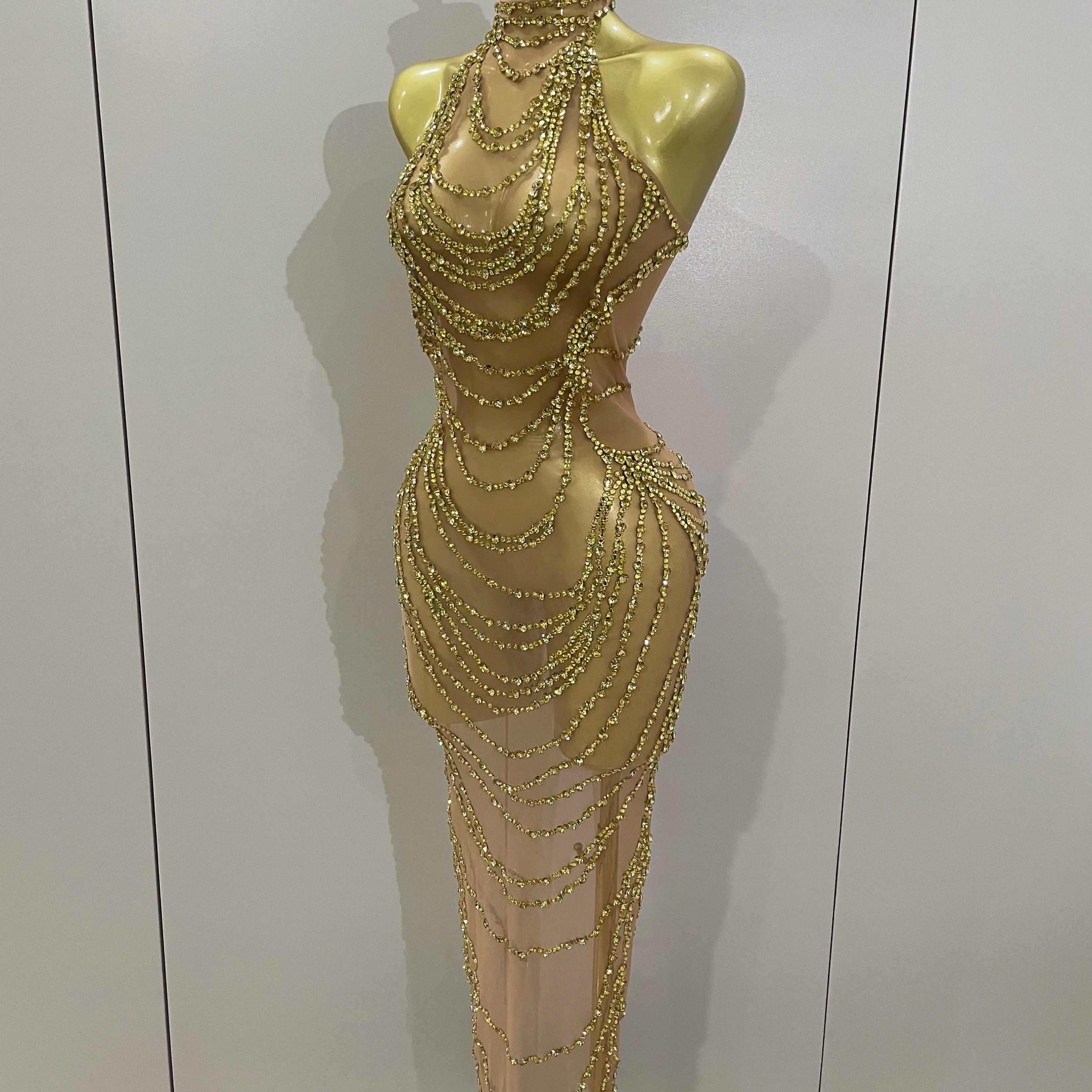 Luxury Sparkly Gold Rhinestone Sexy Transparent Mesh Long Dress 2025 Women Birthday Party Gown Stage Singer Performance Costume