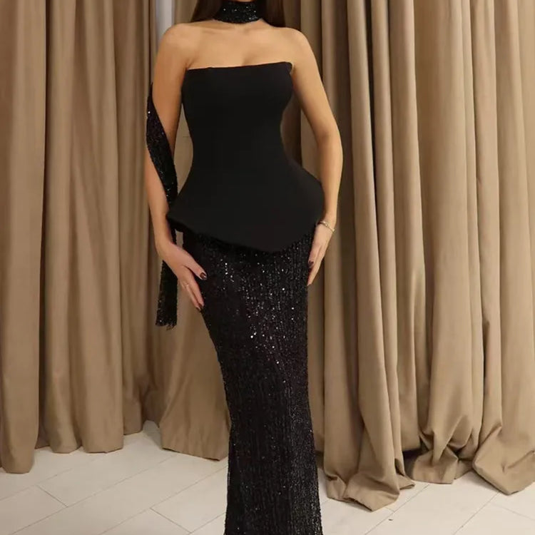 Sexy Strapless Backless Sequins Mesh Black Maxi Long Two Pieces Skirt Bandage Set 2025 Celebrity Designer Women's Set