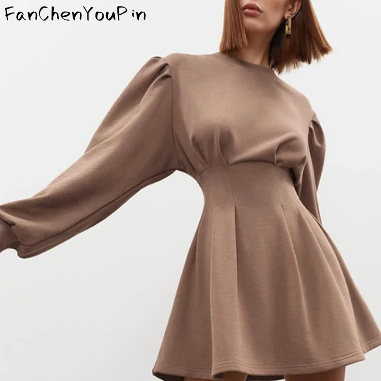 Spring Summer Women's Dress A-line Lantern Sleeves O-neck Short Skirt Vintage Slim Fit Pleated Temperament Dresses Female Light Brown One Size