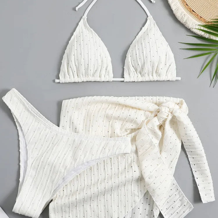 2023 New 3 Pieces Set Swimsuit Women Thong Swimwear Sexy Micro Bikini Set With Sarong Skirt White Beachwear Bathing Suit Pink white