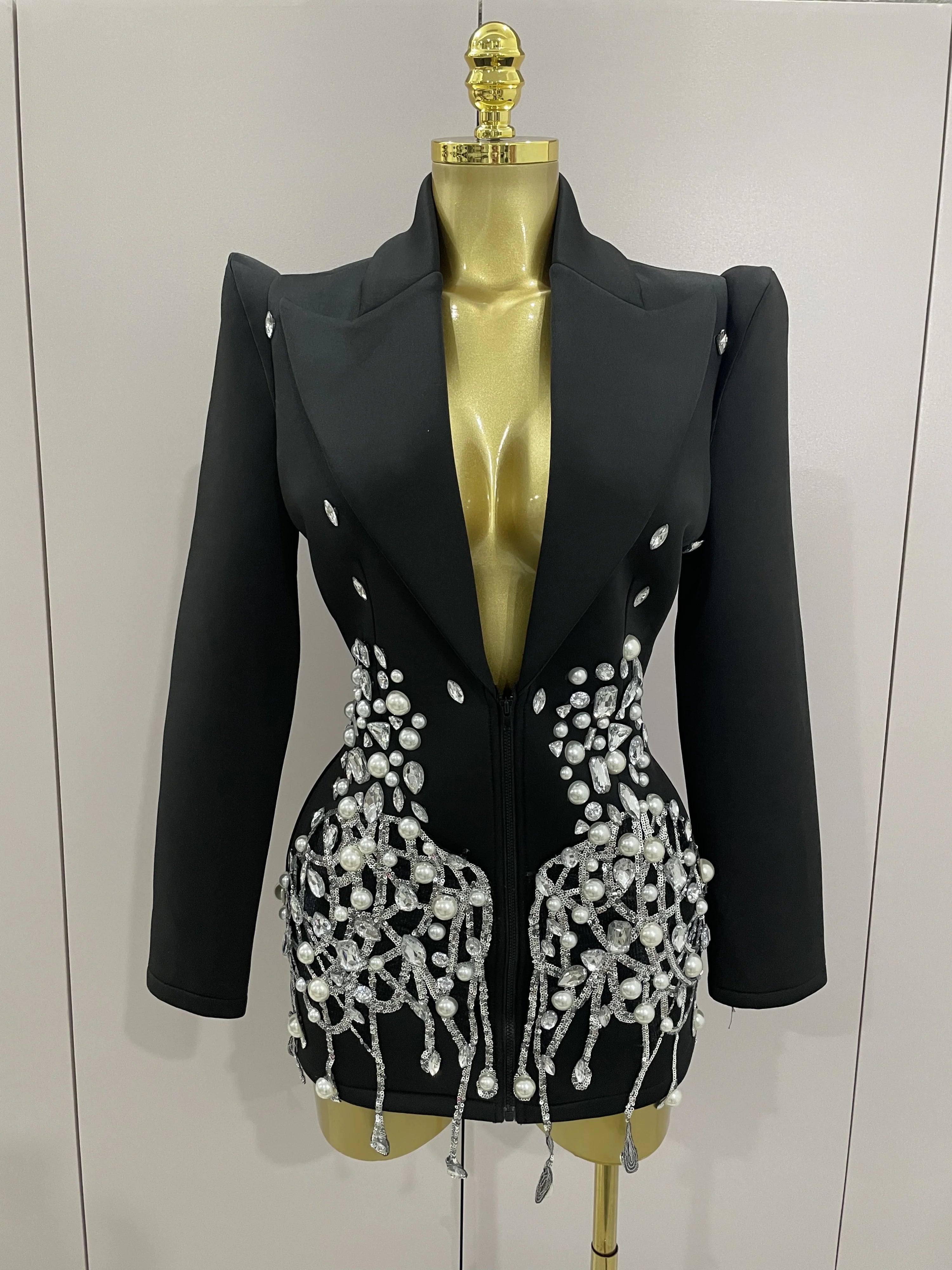 2025 Sparkly Crystal Chains Pearls Long Sleeve Mini Dress Women Birthday Evening Party Nightclub Outfit Singer Wedding Costume