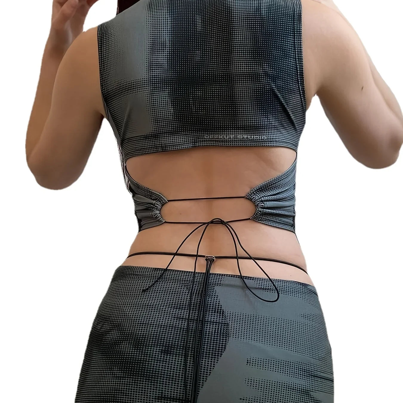 CHEEKDOURL Summer Fit Sexy Strap Design Fashion Round Neck Open Waist Sleeveless Printed Tank Top Women's Cropped