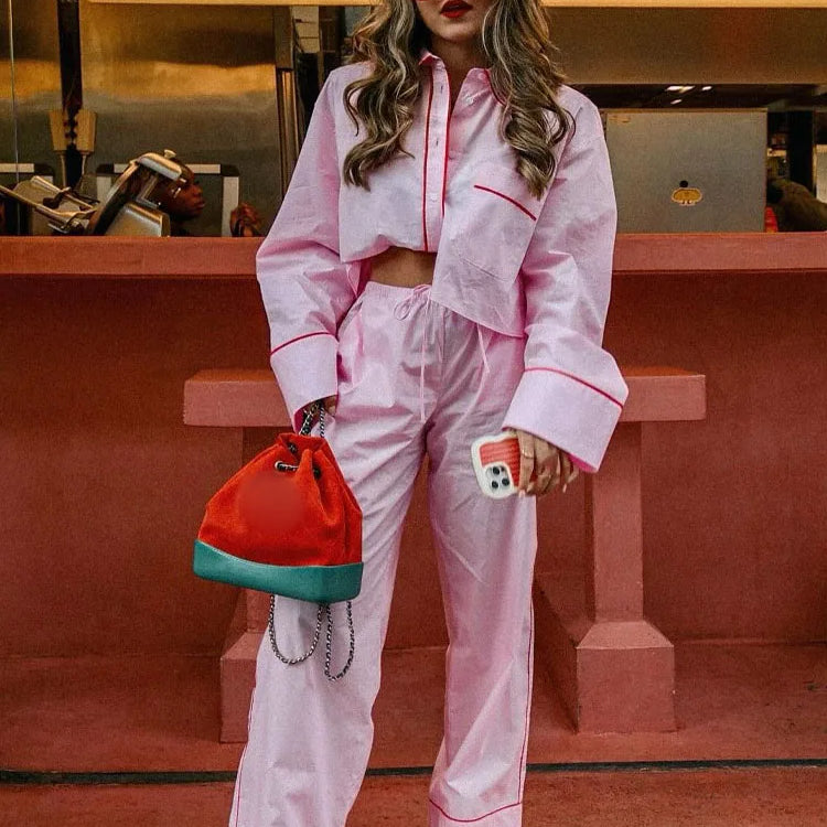 TRAFZA Woman New Fashion Suits Pink Turn-Down Collar Long Sleeves Single Breasted Short Shirts+Mid Waist Lace-Up Wide Leg Pants