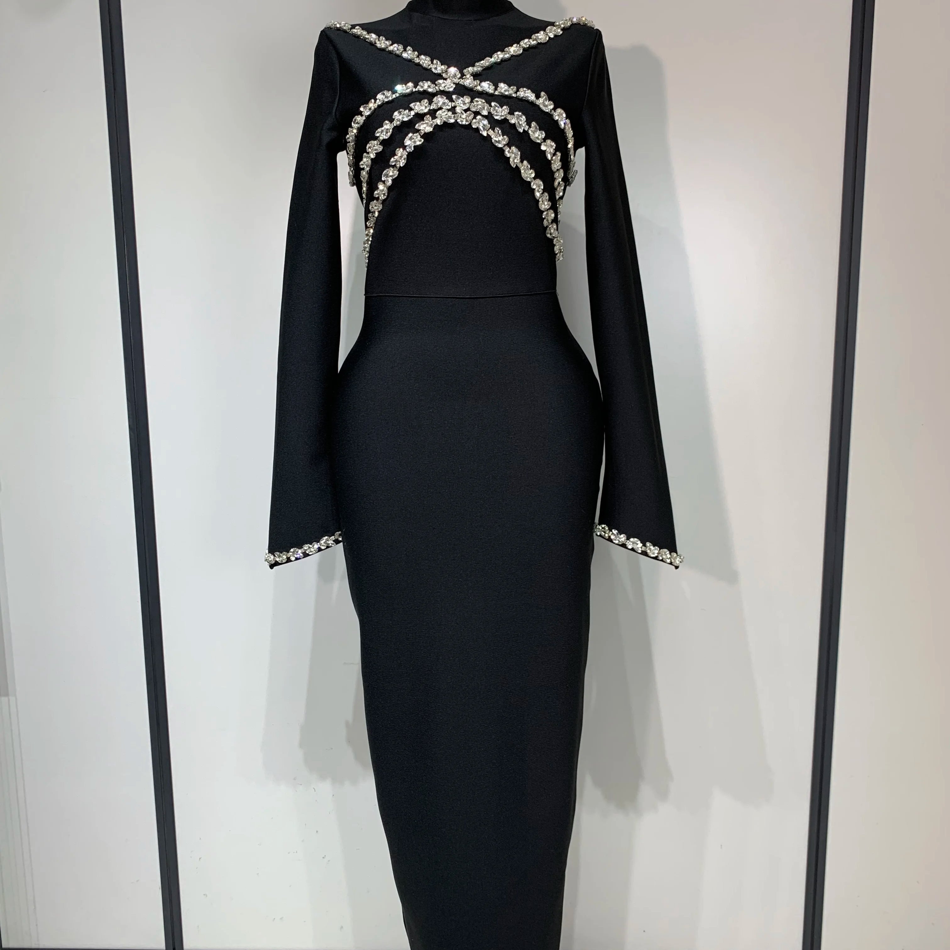 High Quality Women Long Sleeve Shinning Crystal Bodycon Long Bandage Dress Celebirty Elegant Evening Party Luxury Birthday Dress