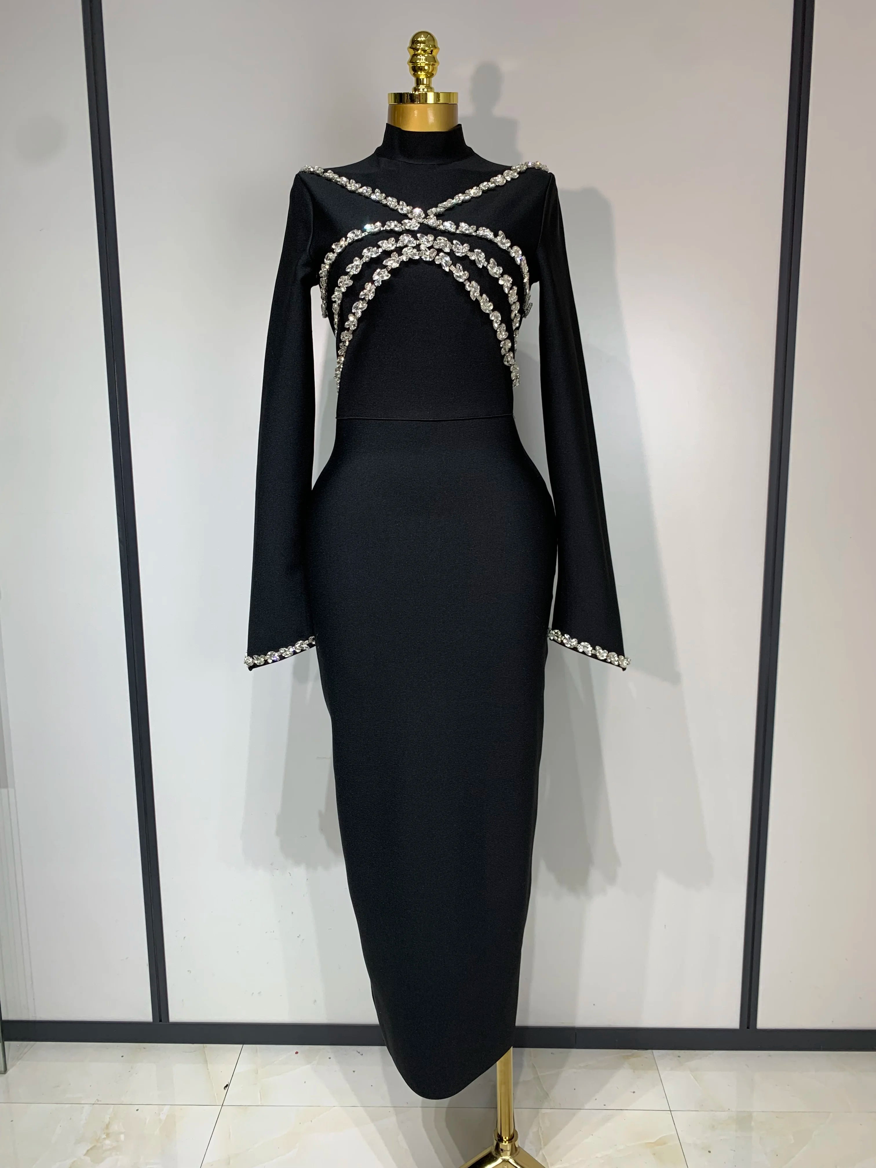 Vestido longo de bandagem colado ao corpo com cristais brilhantes de alta qualidade para mulheres, elegante para festa noturna e aniversário de luxo