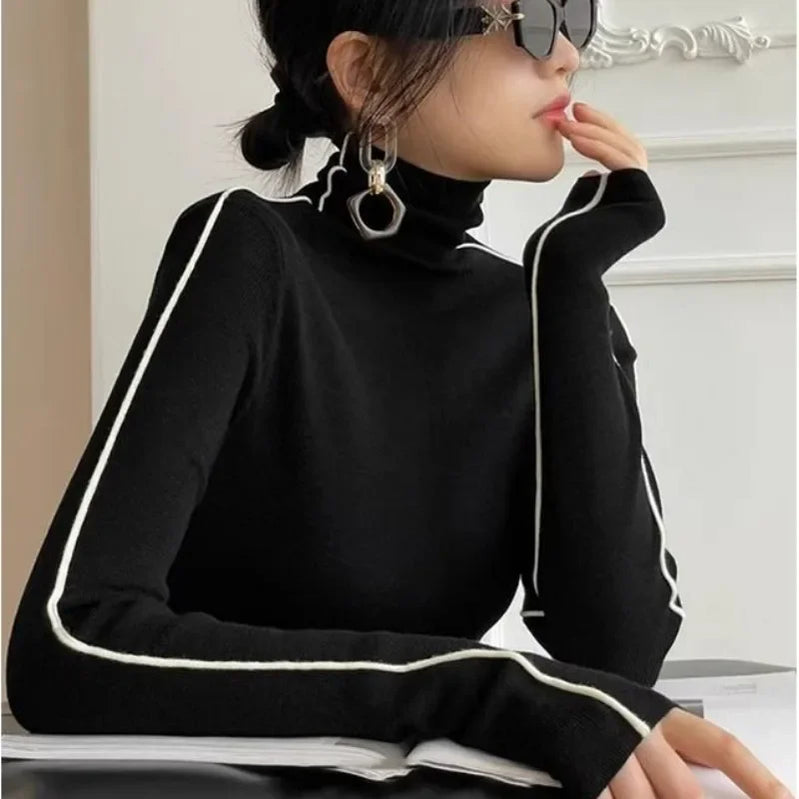 New Fashion Turtleneck Pullovers Women Autumn and Winter Slim Fit Long Sleeved Top Elegant Office Lady Sweaters Black White 2024 Black One Size