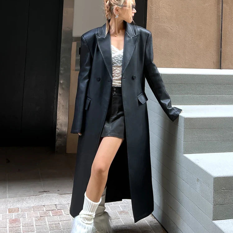 Spring Autumn Extra Long Black Loose Pu Leather Trench Coat for Women Shoulder Pads Double Breasted Faux Leather Blazer