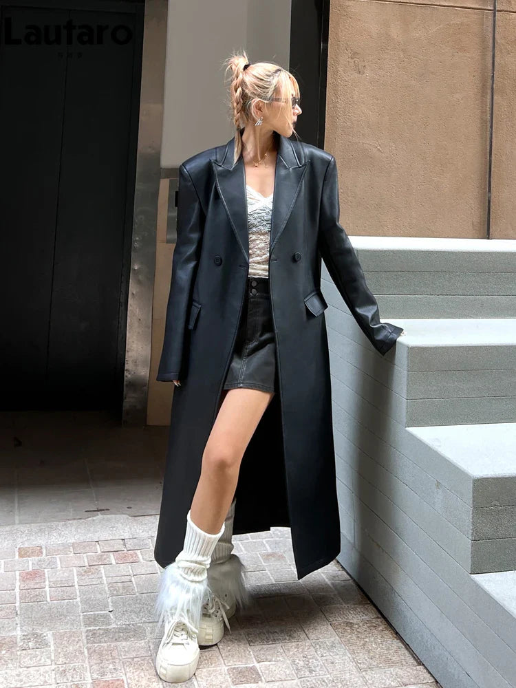 Spring Autumn Extra Long Black Loose Pu Leather Trench Coat for Women Shoulder Pads Double Breasted Faux Leather Blazer
