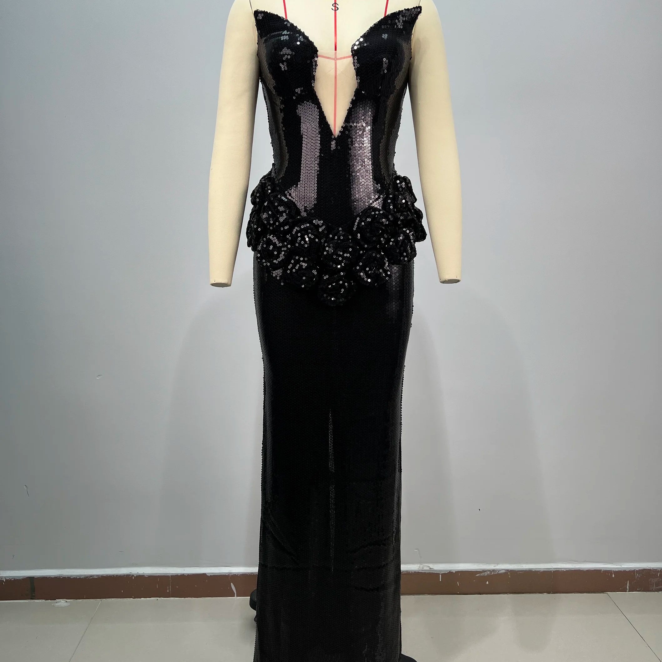 Luxury Haute Couture Sexy V-Neck Black Shining Sequins Floor Length Dress Woman Birthday Party Dress Red Carpet Goddess Vestido